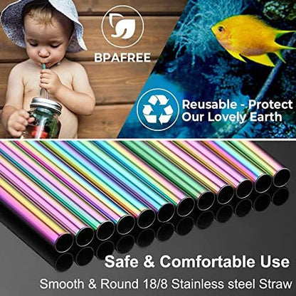 Vinaco 4 Pcs Rainbow 0.4" Wide Bore Reusable Stainless Steel Smoothie Straw