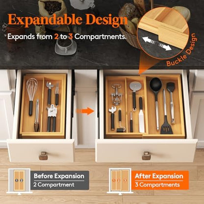 Lifewit Bamboo Utensil Organizer for Kitchen Drawer, Cooking Utensil Tray