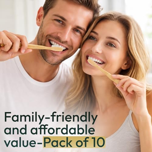 Bamboo Toothbrushes for Adults 10 Pack, Eco Friendly Wooden Toothbrush with Soft BPA Free Bristles, Natural Biodegradable Organic Toothbrush, Plastic Free Bulk Toothbrushes for Sustainable Oral Care