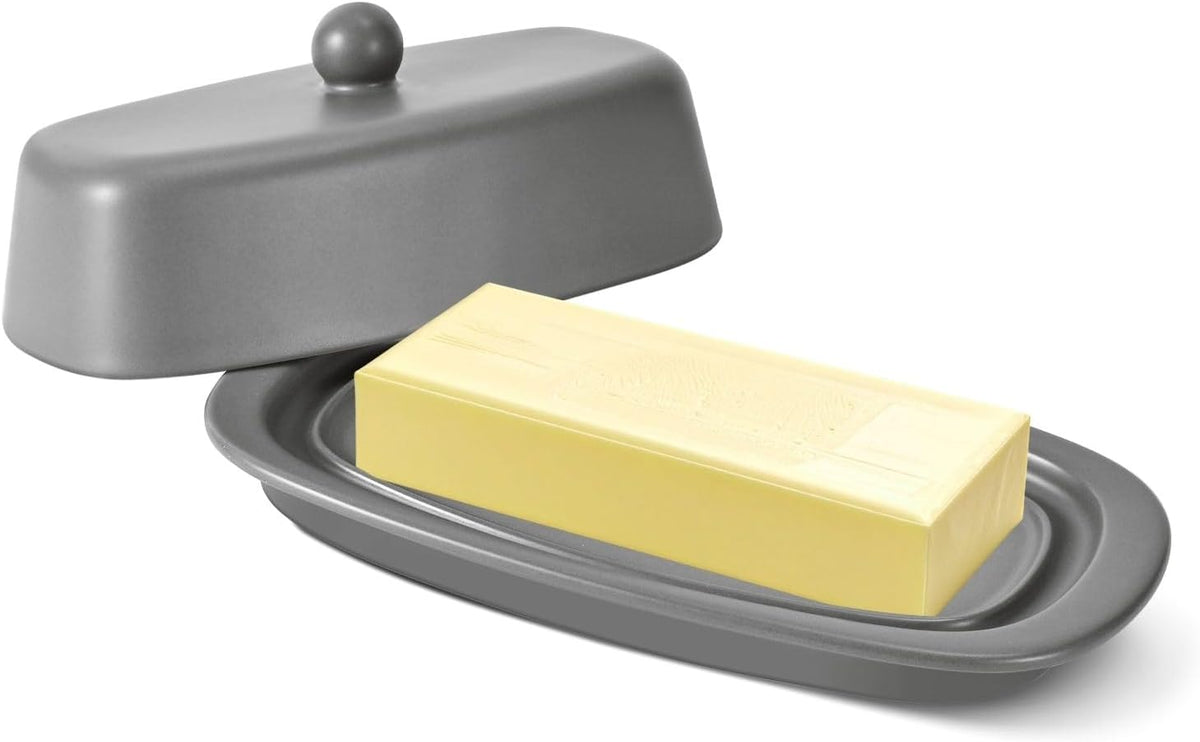 Flexzion Ceramic Gray European Butter Dish with Lid for Countertop (7 Inch) - 1 Stick Butter Holder for Counter, Cream Cheese Container Storage Keeper