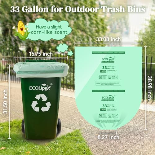 ECOLipak 33 Gallon 25 Count Large Compostable Trash Garbage Bags for Lawn