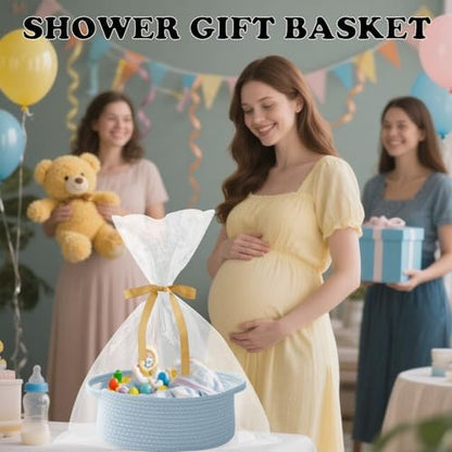 Blue Woven Rope Basket - Baby Gift Basket with Bag & Ribbon