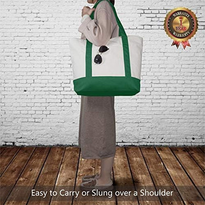 TOPDesign 6-Pack Canvas Tote Bags with an External Pocket, Reusable Grocery Shopping Bags, Top Zipper Closure, Daily Essentials (Green/Natural)