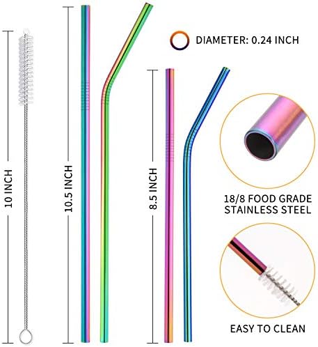 Hiware 12-Pack Rainbow Metal Straws Reusable with Case - Stainless Steel Drinking Straws for 30oz and 20oz Tumblers Dishwasher Safe, 2 Brushes Included