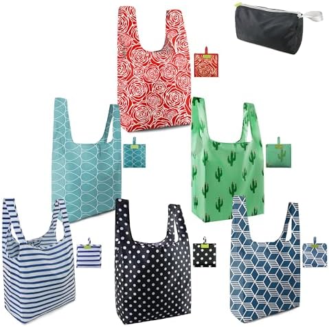 BeeGreen Geometry Reusable Grocery Bags Bulk 6 Packs X-Large, Reusable Shopping Bags Foldable for Groceries, Vegetables, Fruits Watertight Bulk Tote Bags (Cactus Rainbow Polka Dot Red Rose）
