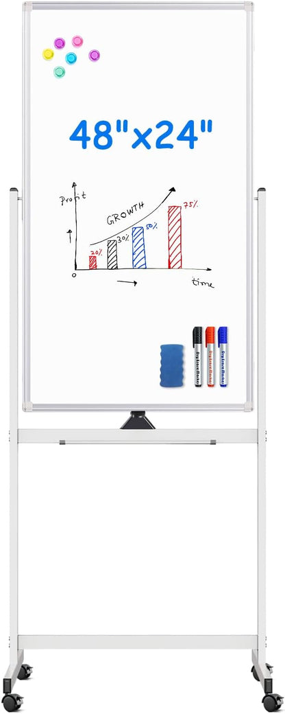 Magnetic Mobile White Board, 48 x 24 Double Sided Dry Erase Board Rolling