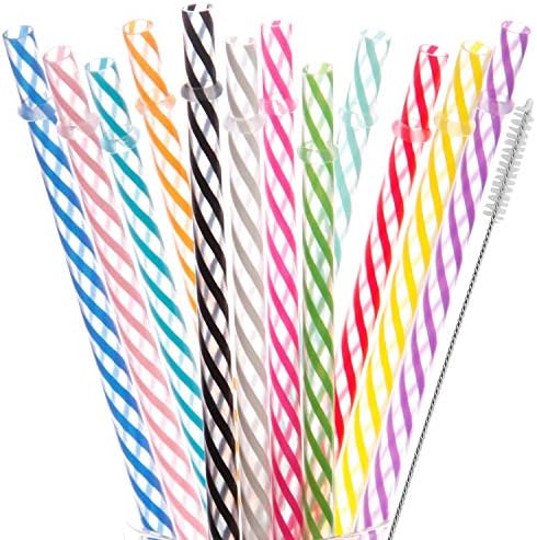 Dakoufish 12 Piece 8 Inch Reusable Plastic Thick Drinking Straws BPA Free Mason Jar Straws Transparent Small Stripe (8inch, Mix 12color)