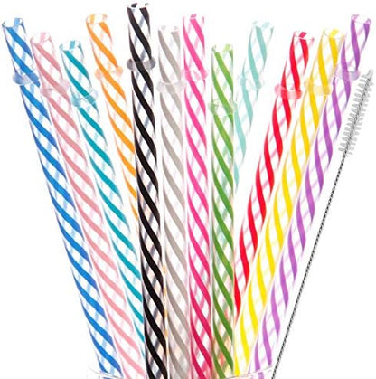 Dakoufish 12 Piece 8 Inch Reusable Plastic Thick Drinking Straws BPA Free Mason Jar Straws Transparent Small Stripe (8inch, Mix 12color)