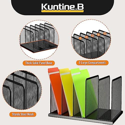 Kuntine.B Desk File Organizer Upright Mesh Desktop Organizer File Sorter Office Organization File Holder for Home, Office & Classroom (Black, 1 Pack 5-Section)