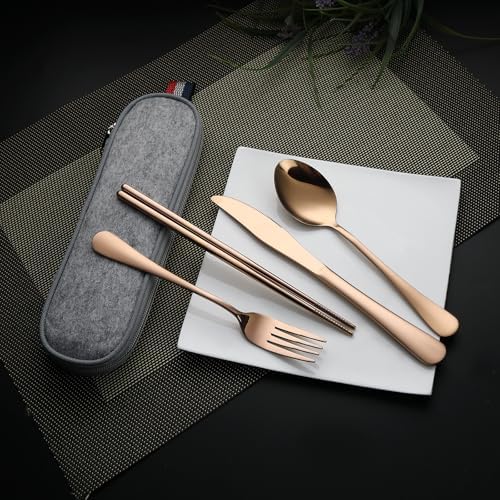 DEVICO Travel Utensils with Case, 5 Piece Portable Silverware Set for Work