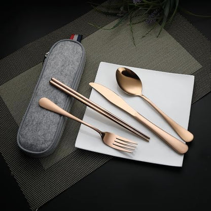 DEVICO Travel Utensils with Case, 5 Piece Portable Silverware Set for Work