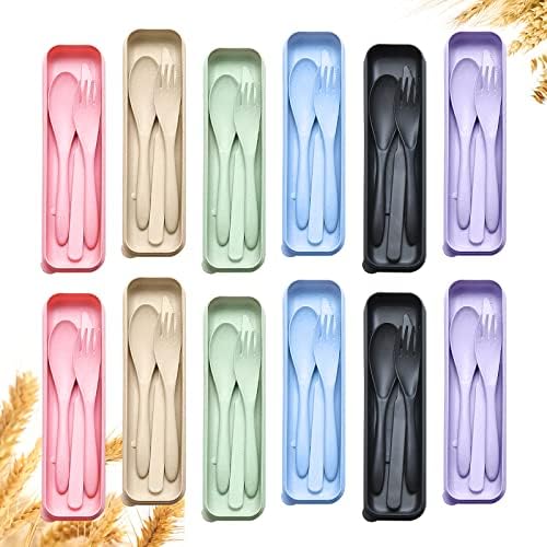 YDYTOP Reusable Travel Utensils Set with Case, 12 Sets Wheat Straw Portable Knife Fork Spoons Cutlery, Eco-Friendly BPA Free Plastic Tableware for Kids Adults School Lunch Party Picnic and Camping