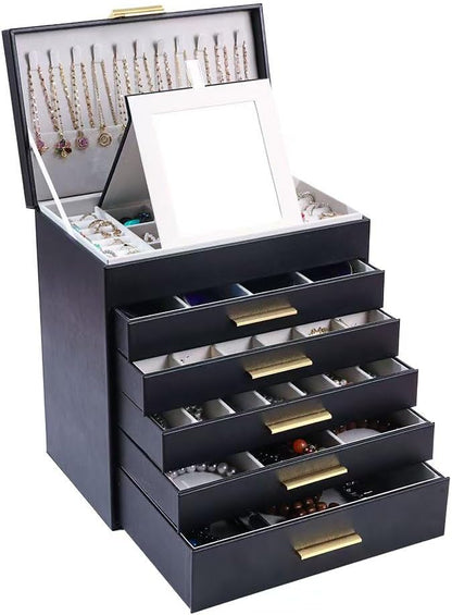 BOOVO Jewelry Box with Necklace Hanger – Jewelry Organizer for Women with 5 Drawers, Large Jewelry Storage Boxes –Jewelry Organizers and Storage for Earrings, Necklaces (Black, 6 layer)