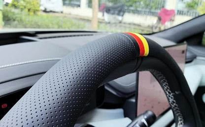 Quick Install Sporty Perforated Nappa Leather Steering Wheel Cover with German Stripes for Porsche Mercedes Audi BMW VW Deutsch-Ness 14.5 to 15 inches SW
