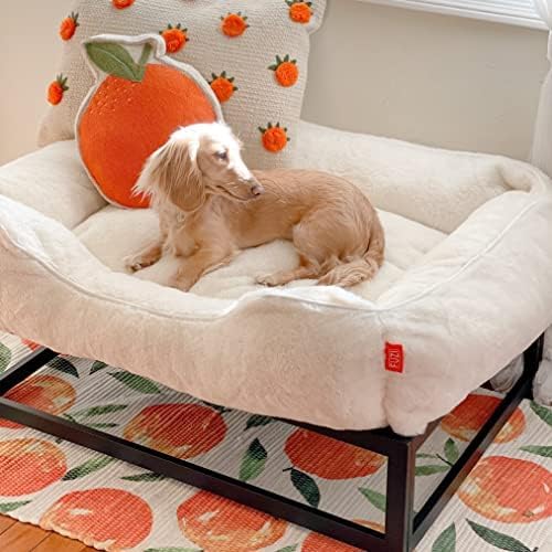 FUZI Elevated Dog Bed Small with Extra Cover, Luxury Raised Pet Bed, Removable and Machine Washable Cover, Indoor/Outdoor Orthopedic, Small 25.1x16.75x18 Soft White and Black Base