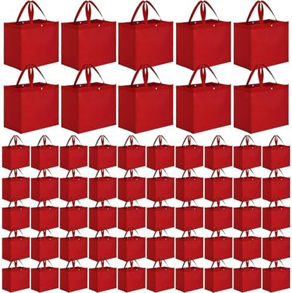 Zhehao 60 Pcs Reusable Grocery Bags Bulk Large Foldable Shopping Tote Bags Non Woven with Handle and Plastic Button(Red)