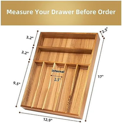 Besilord Silverware Organizer Kitchen Drawer Organizer Utensil Organizer Acacia Silverware Holder Cutlery Organizer in Drawer Flatware Organizer Tray(7 slots, Acacia