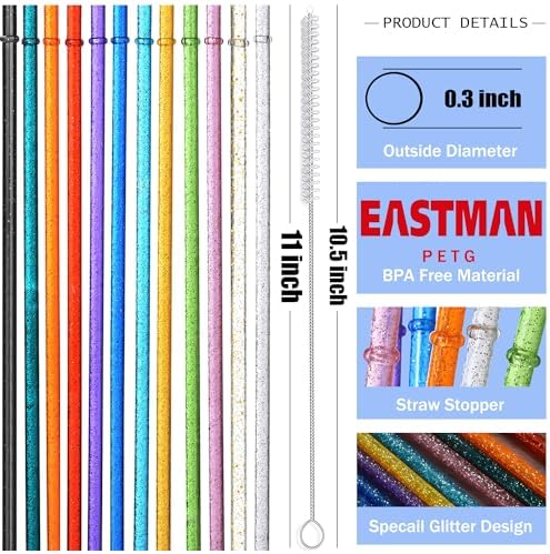 ALINK 12-Pack Reusable Plastic Glitter Straws, 11" Long Colorful Hard Plastic Tumbler Straws for 16 OZ 20 OZ 30 OZ Stanley, YETI, Mason Jar, Starbucks with Cleaning Brush