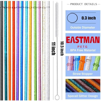 ALINK 12-Pack Reusable Plastic Glitter Straws, 11" Long Colorful Hard Plastic Tumbler Straws for 16 OZ 20 OZ 30 OZ Stanley, YETI, Mason Jar, Starbucks with Cleaning Brush