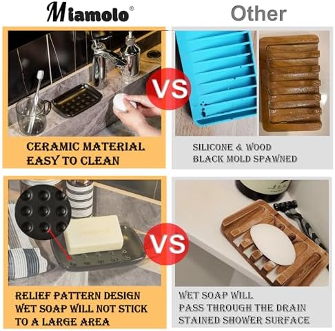 Miamolo Soap Dish, Ceramic Soap Holder Shower Soap Dish for Bar Soap Sponge, Soap Saver Tray for Bathroom Kitchen Sink, Black (Pack of 2)