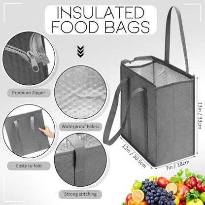 10 Pack 10 Pack Large Insulated Grocery Bag Zippered, Grey,Black