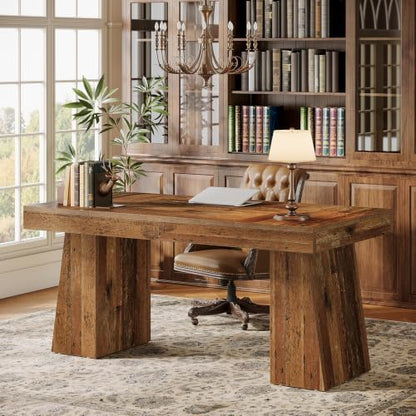 Tribesigns 55" Executive Desk, Wooden Office Desk with Double Pedestal, Modern Simple Computer Writing Table for Home Office, Mix Brown