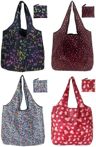 Reusable Grocery Bags,4 Pack 50LBS Foldable Washable Fashion Shopping Bags, Portable Tote Bags Gifts for Women (Butterfly 4 Pack)