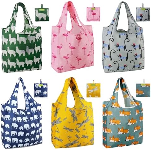 BeeGreen Animal Reusable Shopping Bags Cute Grocery Bag 6 Pack, Christmas Gift Bags Heavy-Duty Foldable Shopping Totes for Supermarket, Work & Travel, Large Washable Polyester Tote Bag with Handles
