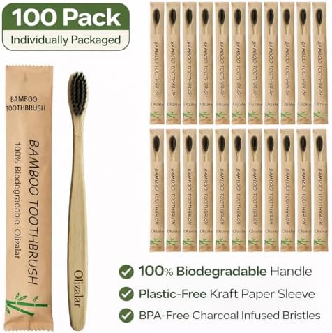 100 Pack Bamboo Toothbrush for Adults, Medium Soft Charcoal Bristles, Eco Friendly Wooden Natural Toothbrushes, Biodegradable Handle Oral Care Toothbrush