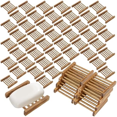 50 PCS Bamboo Soap Dish for Shower 3.3x2.3x0.6 Inch Wooden Soap Holder Self Draining Wooden Soap Tray Handmade Wood Soap Saver Bamboo Soap Holder for Bathroom, Shower, Kitchen (Charcoal Color
