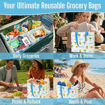VENO 4 Pack Large Grocery Bag Reusable Shopping Bags with Hard Bottom