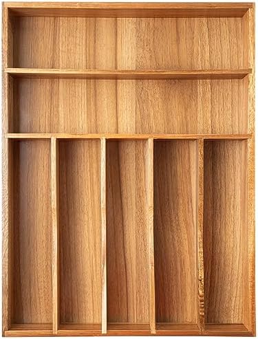 Besilord Silverware Organizer Kitchen Drawer Organizer Utensil Organizer Acacia Silverware Holder Cutlery Organizer in Drawer Flatware Organizer Tray(7 slots, Acacia