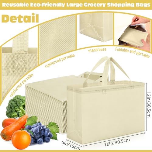 Windyun Reusable Grocery Bags Large Non Woven Shopping Bags with Handles Foldable Portable Tote, 16x6x12 Inch