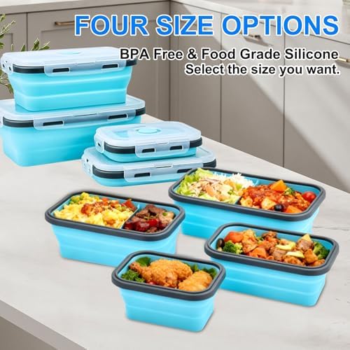Collapsible Silicone Food Storage Containers 4 Set Airtight Leak Proof Food Containers with Lids Stackable Meal Prep for Microwave Freezer Dishwasher for Kitchen Camping Office Blue