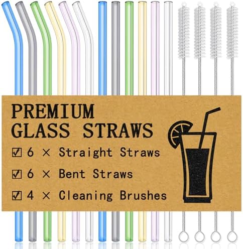 Piteno® 12Pcs Glass Straws with 4Pcs Brushes, 8.5''x10MM, Set of 6 Straight and 6 Bent with 4 Cleaning Brushes, Perfect for Smoothies, Milkshakes, Juice, Tea (Rainbow)