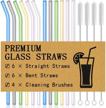Piteno® 12Pcs Glass Straws with 4Pcs Brushes, 8.5''x10MM, Set of 6 Straight and 6 Bent with 4 Cleaning Brushes, Perfect for Smoothies, Milkshakes, Juice, Tea (Rainbow)
