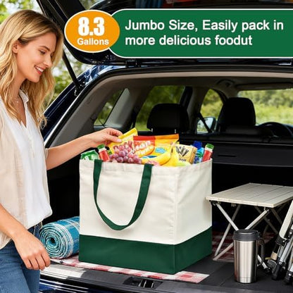 Reusable Grocery Bags Heavy Duty, 8.3 gal Foldable Large Canvas Tote Bag with Handles, Holds 60 lbs Canvas Shopping Bags, 1 Pack（Retro Green）