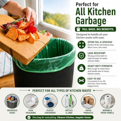 Tall Kitchen Trash Bags 13 Gallon (120 Bags) Medium Green Garbage Bag 55 Liter Can Liners Portable Camping Toilet Bags (120 count)