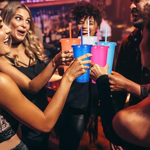 Suertestarry Tumbler with Straw and Lid,Water Bottle Iced Coffee Travel Mug Cup,Reusable Plastic Cups,Perfect for Parties,Birthdays,24oz-5 Pack (Bright Glitter, 5pack)