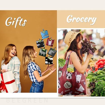 BeeGreen Animal Reusable Shopping Bags Cute Grocery Bag 6 Pack, Christmas Gift Bags Heavy-Duty Foldable Shopping Totes for Supermarket, Work & Travel, Large Washable Polyester Tote Bag with Handles