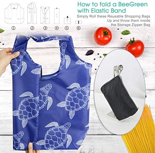 BeeGreen Animal Reusable Shopping Bags Grocery Totes 10 Pack with Zipper Carry Pouch Cute Shopper Bags XLarge Machine Washable Durable Gifts for Animal Lovers Women