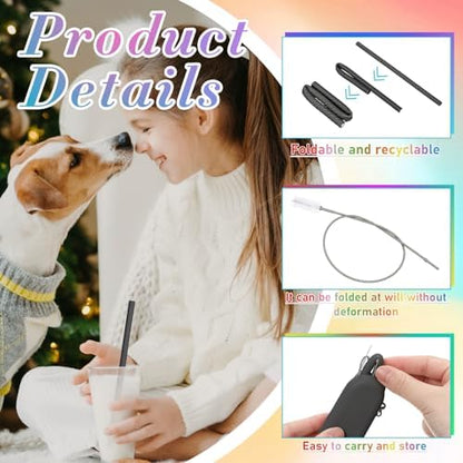 Meanplan 4 Sets Reusable Straws Travel Case Brush Silicone,Black