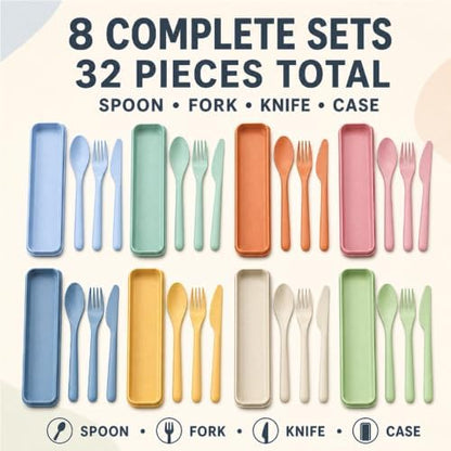 8 Pack Travel Utensils with Case, Reusable Wheat Straw Cutlery Sets for Lunch Box, Camping, Picnic and Office, Dishwasher Safe Spoon Fork Knife Sets, 8 Colors