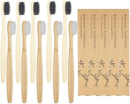 SEVENHEAD 10 PCS Bamboo Toothbrushes Soft Bristles Wooden Toothbrushes for Adult, Natural Biodegradable BPA Free Eco Friendly Toothbrushes Black White