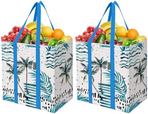 BALEINE 2 PK Grocery Bags Reusable Shopping Bags with Reinforced Bottom, Heavy Duty Foldable Tote Bags (Island Breeze)