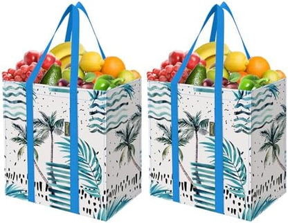 BALEINE 2 PK Grocery Bags Reusable Shopping Bags with Reinforced Bottom, Heavy Duty Foldable Tote Bags (Island Breeze)