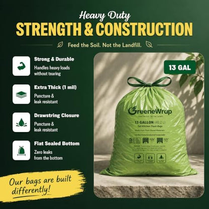 13 Gallon Compostable Trash Bags with Drawstring, 30 Count, 1 Mil, Tall Kitchen Food Scrap Compost Bags, BPI Certified, ASTM D6400, Compostable Garbage Bags, Unscented, 13 Gal