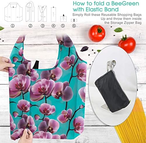 BeeGreen 10 Pack Washable Floral Grocery Bags for Shopping Reusable Tote Bags Extra Large 50LBS Cute Flower Design Foldable Reusable Bags for Women Men Lightweight Durable