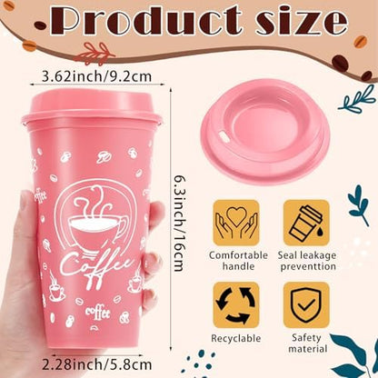 12 Sets Reusable Coffee Cups with Lids, 16oz, Pink Series