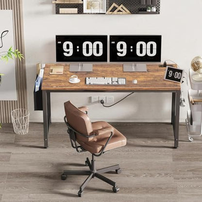 Lufeiya Gaming Desk with Power Outlet, 55 inch Teen Study Table Home Office Work Writing Computer Desks with Charging Station Outlets Built in, Brown